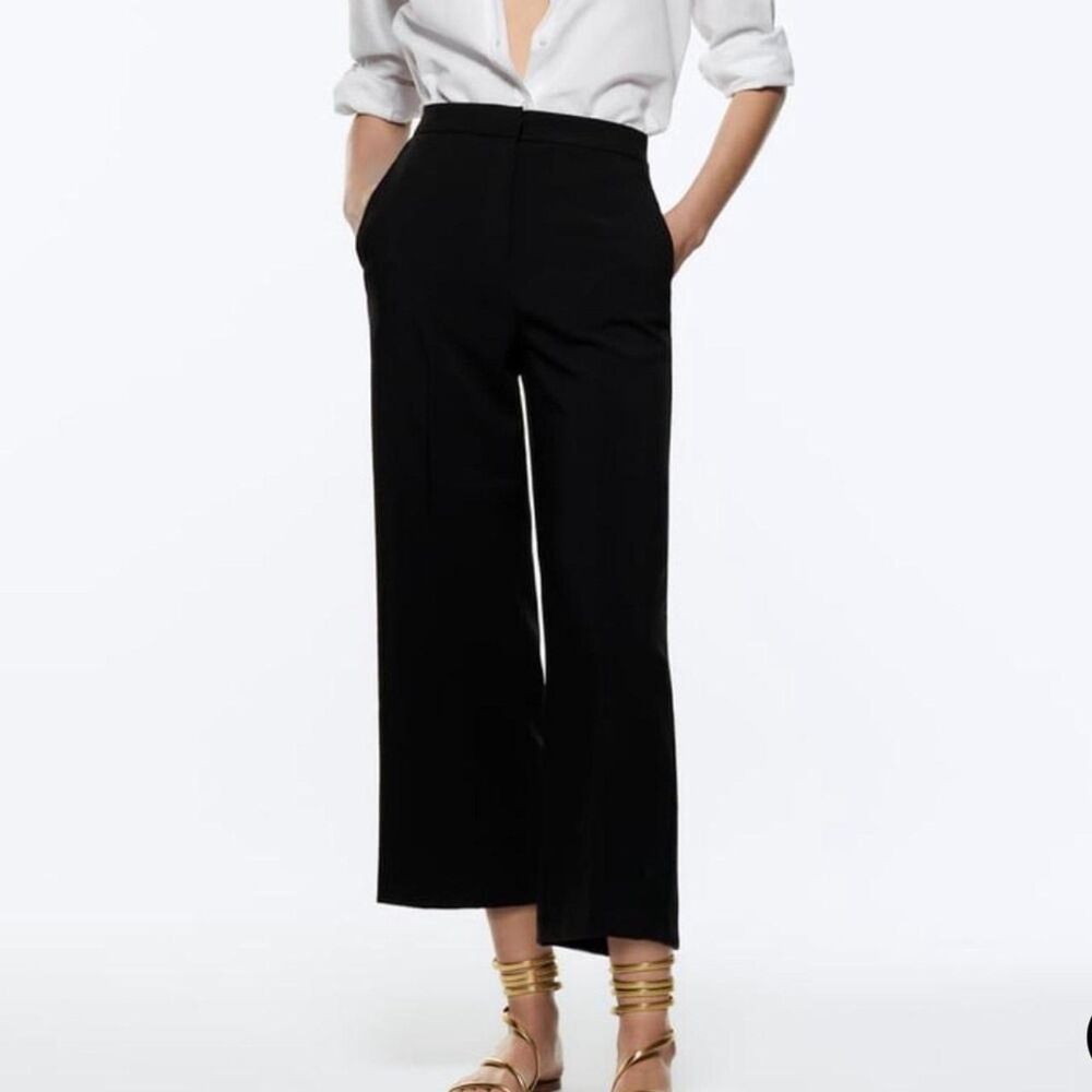 Zara Black High Rise Cropped Wide Leg Dress Pants S Workwear Croquette Trousers